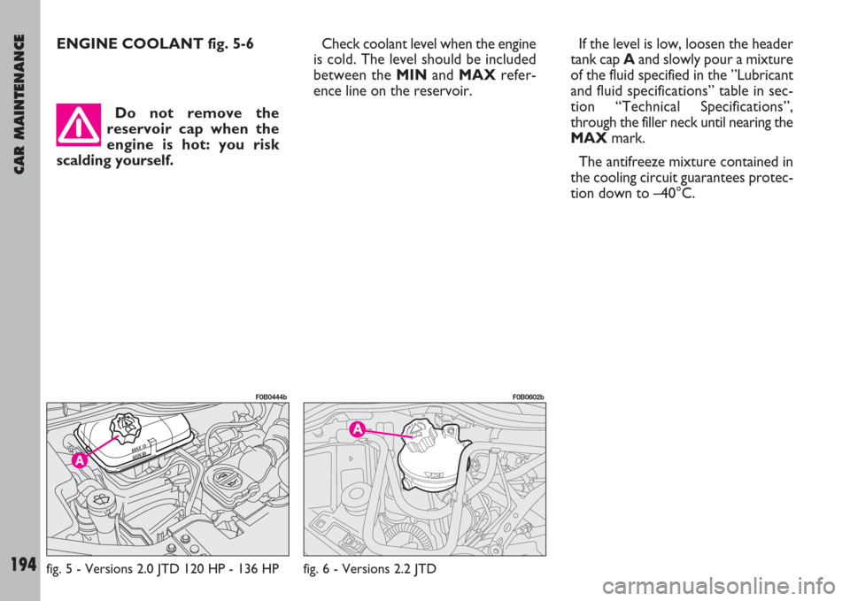 FIAT ULYSSE 2008 2.G Owners Manual CAR MAINTENANCE
194
Do not remove the
reservoir cap when the
engine is hot: you risk
scalding yourself. ENGINE COOLANT fig. 5-6Check coolant level when the engine
is cold. The level should be included FIAT ULYSSE 2008 2.G Owners Manual CAR MAINTENANCE
194
Do not remove the
reservoir cap when the
engine is hot: you risk
scalding yourself. ENGINE COOLANT fig. 5-6Check coolant level when the engine
is cold. The level should be included