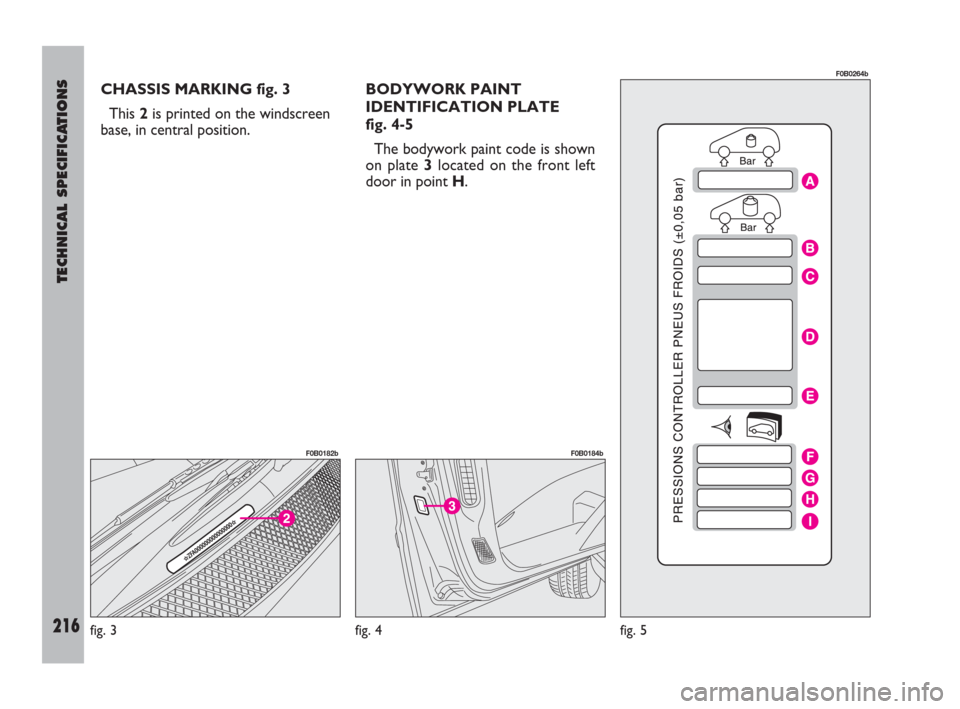 FIAT ULYSSE 2008 2.G Owners Manual TECHNICAL SPECIFICATIONS
216
CHASSIS MARKING fig. 3
This 2is printed on the windscreen
base, in central position.BODYWORK PAINT
IDENTIFICATION PLATE 
fig. 4-5
The bodywork paint code is shown
on plate