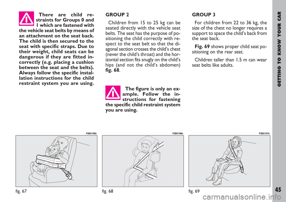 FIAT ULYSSE 2008 2.G Service Manual GETTING TO KNOW YOUR CAR
45
There are child re-
straints for Groups 0 and
1 which are fastened with
the vehicle seat belts by means of
an attachment on the seat back.
The child is then secured to the
