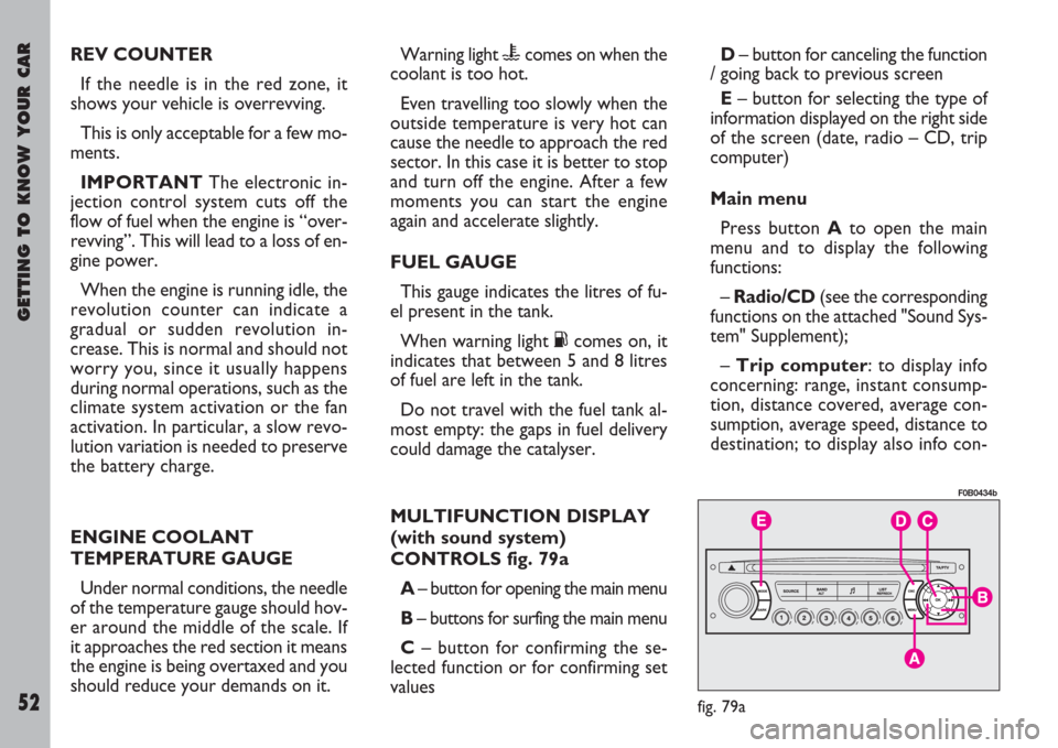 FIAT ULYSSE 2008 2.G Workshop Manual GETTING TO KNOW YOUR CAR
52
Warning light ucomes on when the
coolant is too hot.
Even travelling too slowly when the
outside temperature is very hot can
cause the needle to approach the red
sector. In
