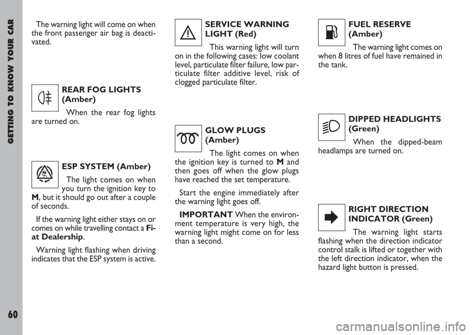 FIAT ULYSSE 2008 2.G Repair Manual GETTING TO KNOW YOUR CAR
60
GLOW PLUGS
(Amber)
The light comes on when
the ignition key is turned to Mand
then goes off when the glow plugs
have reached the set temperature.
Start the engine immediate