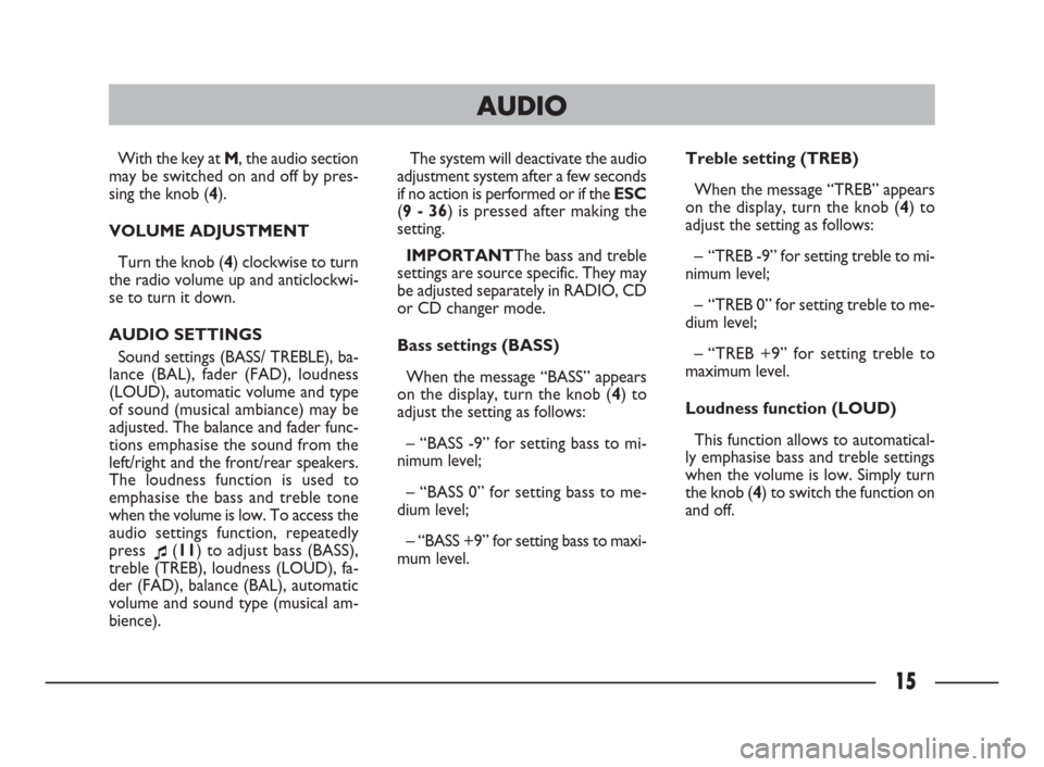 FIAT ULYSSE 2009 2.G Connect NavPlus Manual 15
With the key at M, the audio section
may be switched on and off by pres-
sing the knob (4).
VOLUME ADJUSTMENT
Turn the knob (4) clockwise to turn
the radio volume up and anticlockwi-
se to turn it 