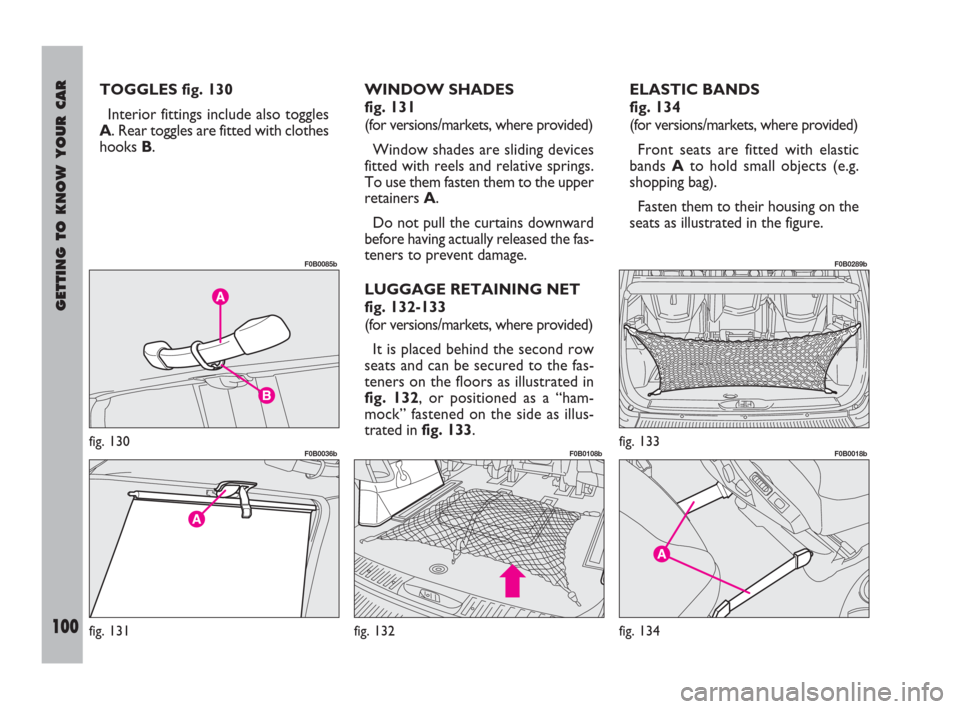 FIAT ULYSSE 2009 2.G Owners Manual GETTING TO KNOW YOUR CAR
100
TOGGLES fig. 130
Interior fittings include also toggles
A. Rear toggles are fitted with clothes
hooks B.WINDOW SHADES 
fig. 131
(for versions/markets, where provided)
Wind