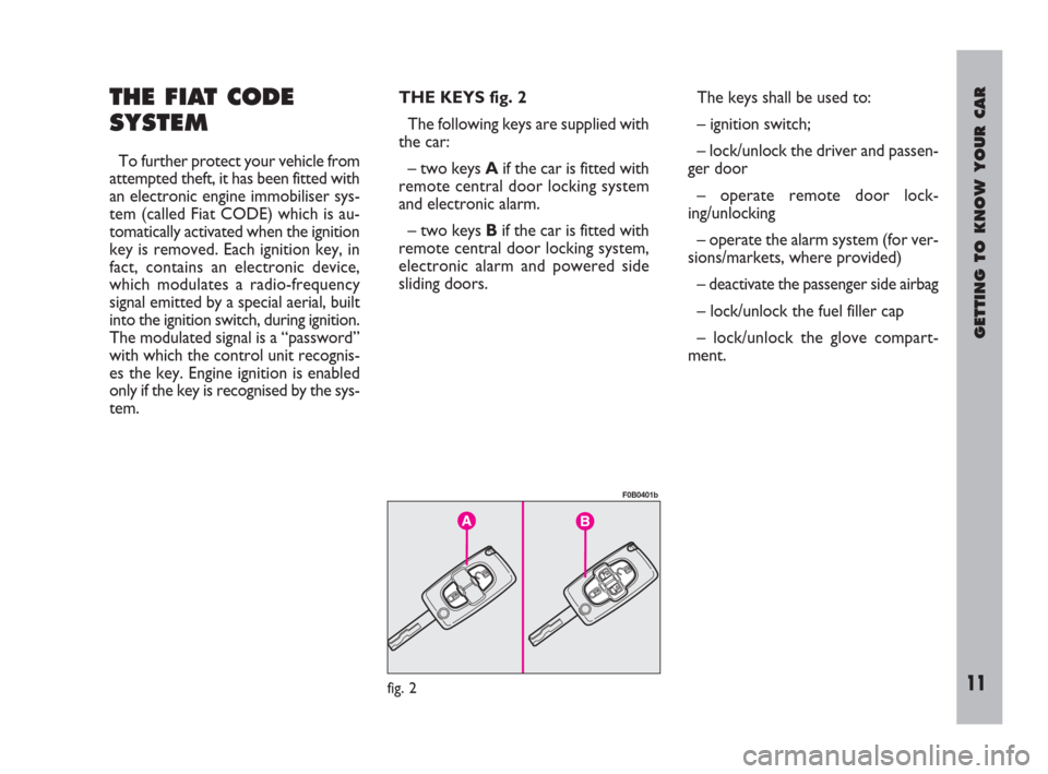 FIAT ULYSSE 2009 2.G User Guide GETTING TO KNOW YOUR CAR
11fig. 2
F0B0401b
THE FIAT CODE
SYSTEM
To further protect your vehicle from
attempted theft, it has been fitted with
an electronic engine immobiliser sys-
tem (called Fiat CO FIAT ULYSSE 2009 2.G User Guide GETTING TO KNOW YOUR CAR
11fig. 2
F0B0401b
THE FIAT CODE
SYSTEM
To further protect your vehicle from
attempted theft, it has been fitted with
an electronic engine immobiliser sys-
tem (called Fiat CO