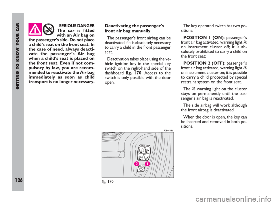 FIAT ULYSSE 2009 2.G Service Manual GETTING TO KNOW YOUR CAR
126
Deactivating the passenger’s
front air bag manually
The passenger’s front airbag can be
deactivated if it is absolutely necessary
to carry a child in the front passeng