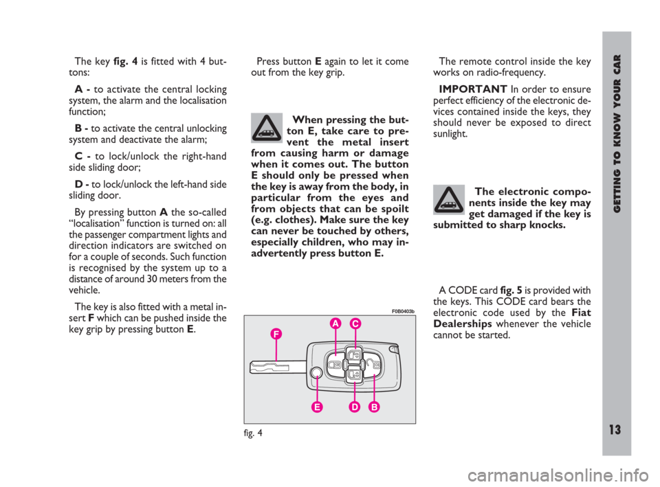 FIAT ULYSSE 2009 2.G User Guide GETTING TO KNOW YOUR CAR
13
A CODE card fig. 5is provided with
the keys. This CODE card bears the
electronic code used by the Fiat
Dealershipswhenever the vehicle
cannot be started. The key fig. 4is FIAT ULYSSE 2009 2.G User Guide GETTING TO KNOW YOUR CAR
13
A CODE card fig. 5is provided with
the keys. This CODE card bears the
electronic code used by the Fiat
Dealershipswhenever the vehicle
cannot be started. The key fig. 4is