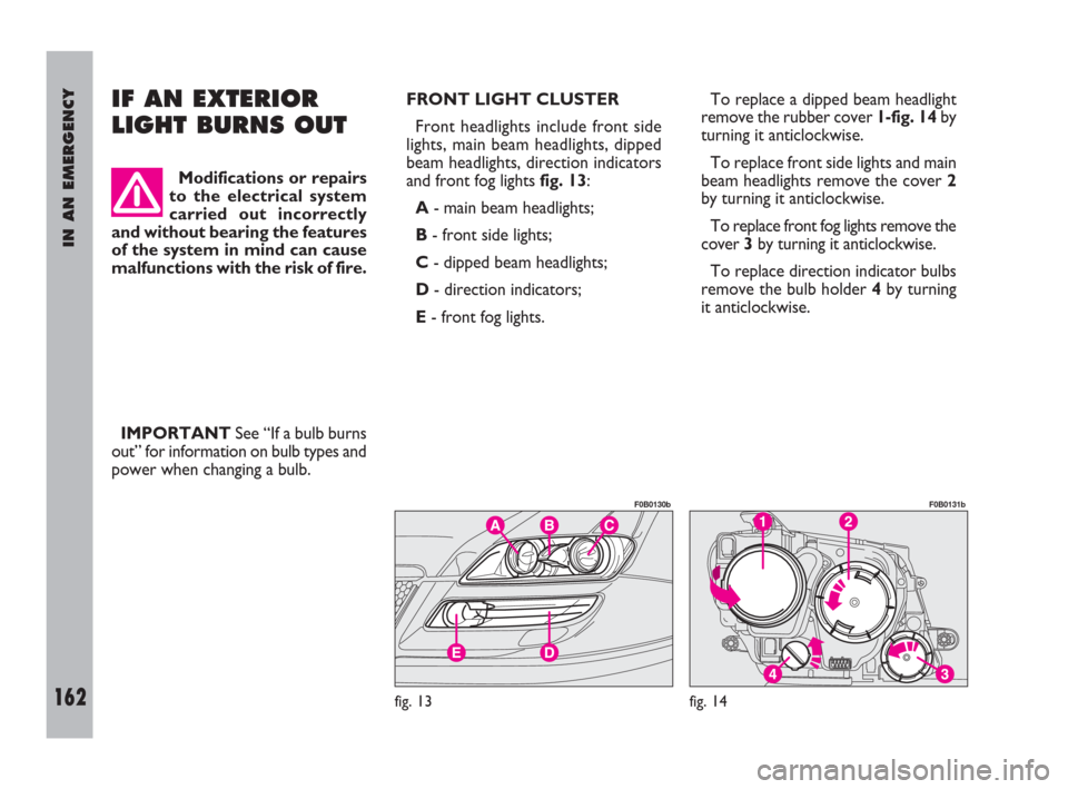 FIAT ULYSSE 2009 2.G Owners Manual IN AN EMERGENCY
162
IF AN EXTERIOR
LIGHT BURNS OUT
Modifications or repairs
to the electrical system
carried out incorrectly
and without bearing the features
of the system in mind can cause
malfunctio