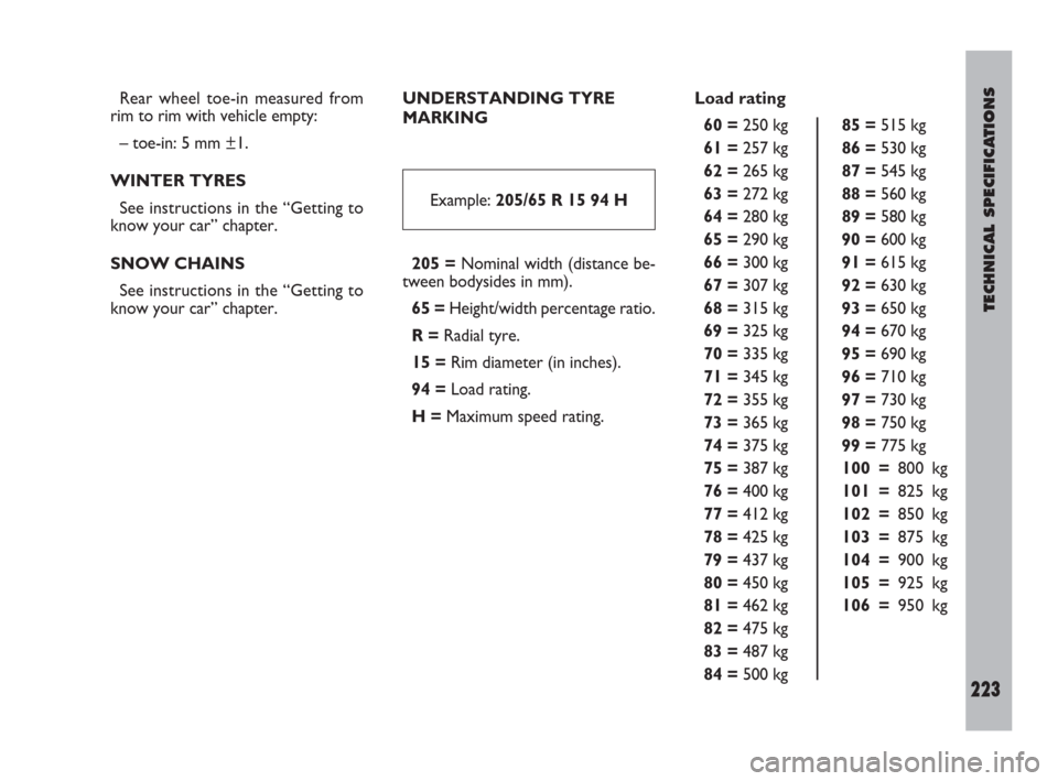 FIAT ULYSSE 2009 2.G Owners Manual TECHNICAL SPECIFICATIONS
223
Rear wheel toe-in measured from
rim to rim with vehicle empty:
– toe-in: 5 mm ±1.
WINTER TYRES
See instructions in the “Getting to
know your car” chapter.
SNOW CHAI