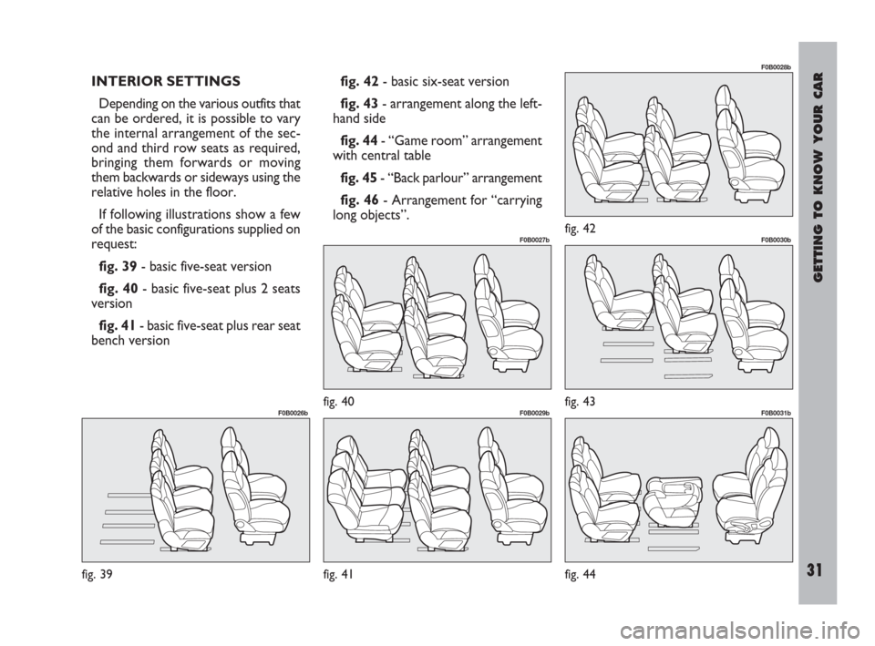 FIAT ULYSSE 2009 2.G Owners Guide GETTING TO KNOW YOUR CAR
31
INTERIOR SETTINGS
Depending on the various outfits that
can be ordered, it is possible to vary
the internal arrangement of the sec-
ond and third row seats as required,
bri