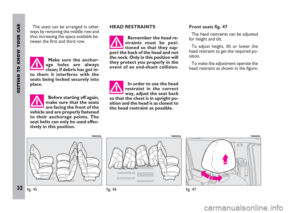 FIAT ULYSSE 2009 2.G Owners Manual GETTING TO KNOW YOUR CAR
32
Make sure the anchor-
age holes are always
clean; if debris has got in-
to them it interferes with the
seats being locked securely into
place.
Before starting off again,
ma