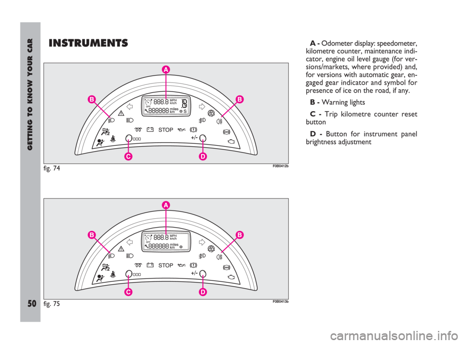 FIAT ULYSSE 2009 2.G Owners Manual GETTING TO KNOW YOUR CAR
50
INSTRUMENTSA -Odometer display: speedometer,
kilometre counter, maintenance indi-
cator, engine oil level gauge (for ver-
sions/markets, where provided) and,
for versions w