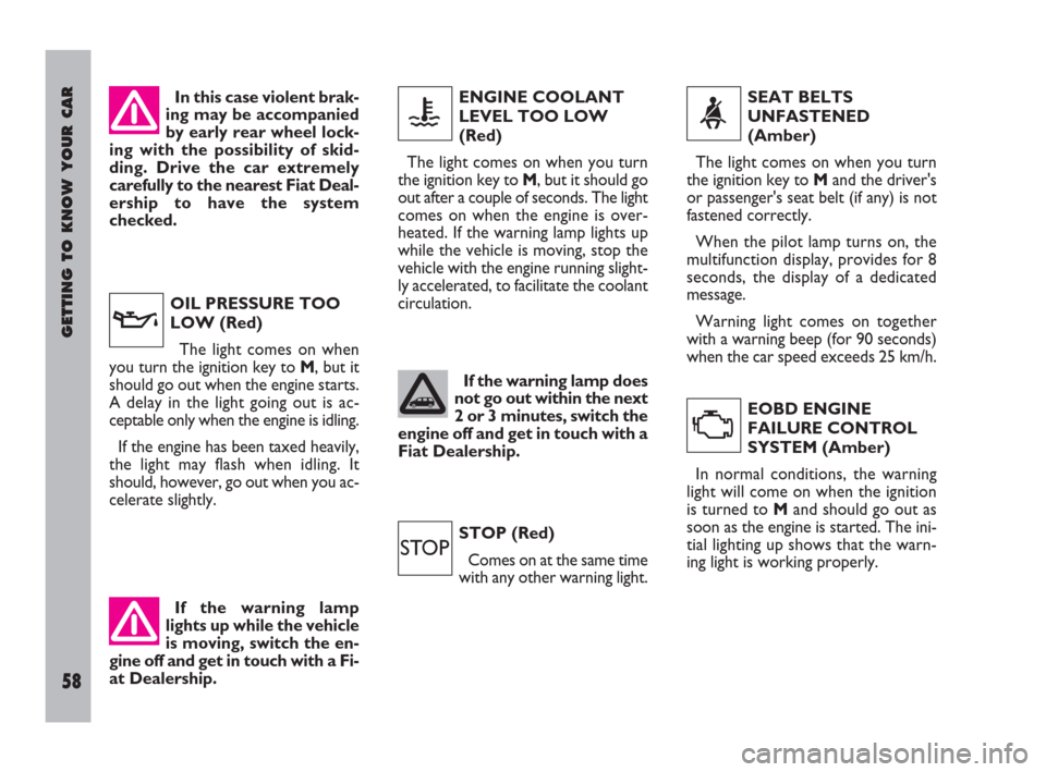 FIAT ULYSSE 2009 2.G Owners Manual GETTING TO KNOW YOUR CAR
58
ENGINE COOLANT
LEVEL TOO LOW
(Red)
The light comes on when you turn
the ignition key to M, but it should go
out after a couple of seconds. The light
comes on when the engin