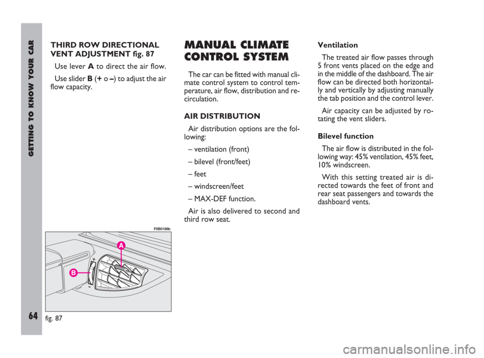 FIAT ULYSSE 2009 2.G Repair Manual GETTING TO KNOW YOUR CAR
64
THIRD ROW DIRECTIONAL
VENT ADJUSTMENT fig. 87
Use lever A to direct the air flow.
Use sliderB(+o –) to adjust the air
flow capacity.MANUAL CLIMATE
CONTROL SYSTEM
The car 