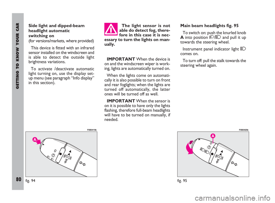 FIAT ULYSSE 2009 2.G Owners Manual GETTING TO KNOW YOUR CAR
80
Side light and dipped-beam
headlight automatic 
switching on
(for versions/markets, where provided)
This device is fitted with an infrared
sensor installed on the windscree