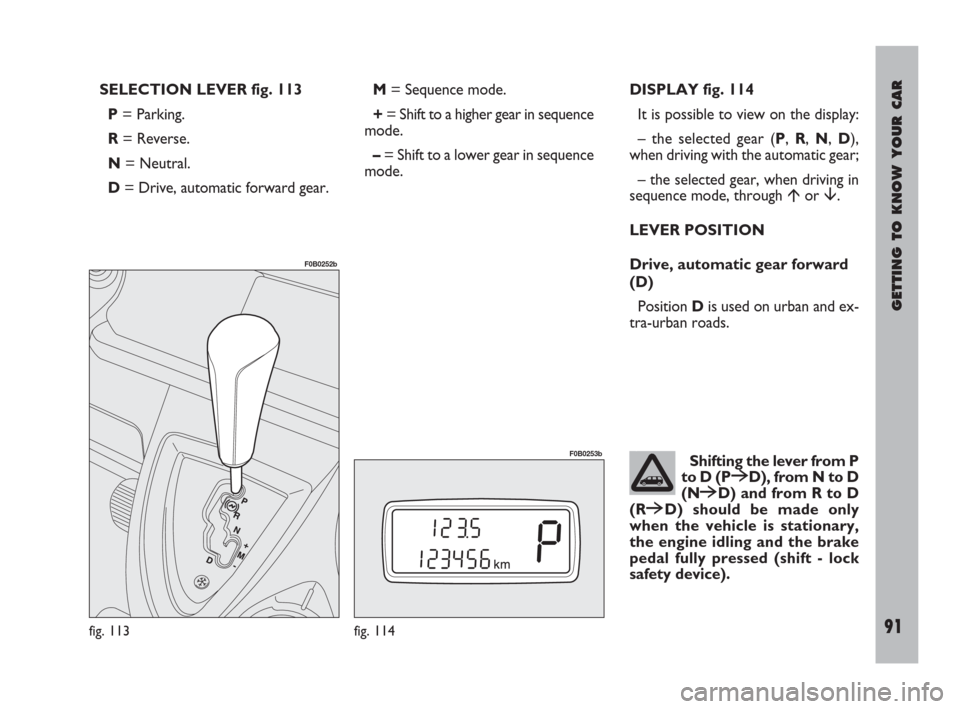 FIAT ULYSSE 2009 2.G Owners Manual GETTING TO KNOW YOUR CAR
91
SELECTION LEVER fig. 113
P= Parking.
R= Reverse.
N= Neutral.
D= Drive, automatic forward gear.M= Sequence mode.
+= Shift to a higher gear in sequence
mode.
–= Shift to a FIAT ULYSSE 2009 2.G Owners Manual GETTING TO KNOW YOUR CAR
91
SELECTION LEVER fig. 113
P= Parking.
R= Reverse.
N= Neutral.
D= Drive, automatic forward gear.M= Sequence mode.
+= Shift to a higher gear in sequence
mode.
–= Shift to a