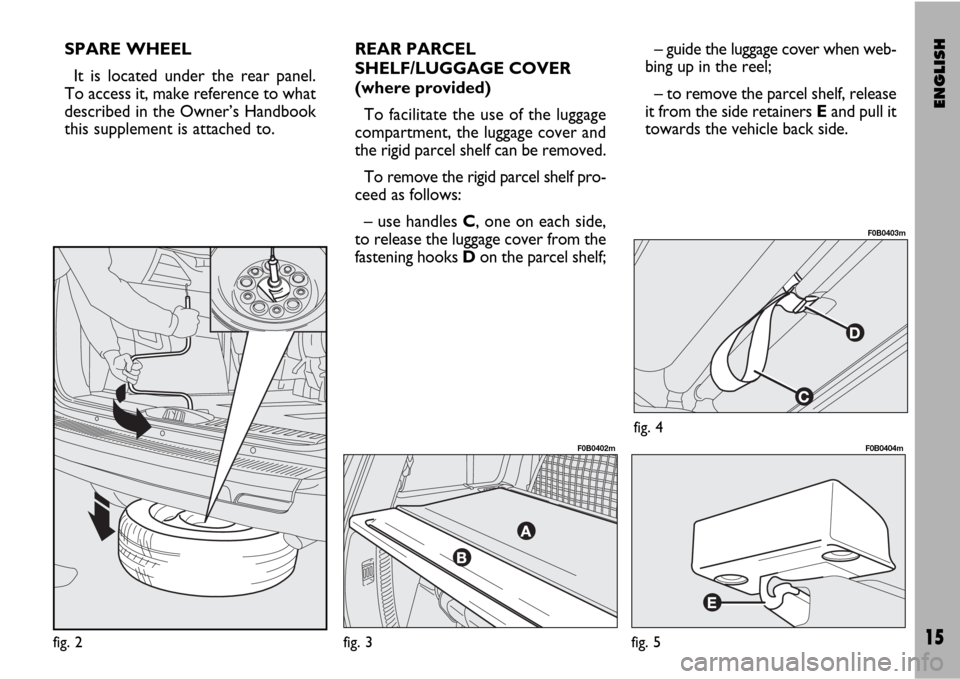 FIAT ULYSSE VAN 2007 2.G Supplement Manual ENGLISH
15
SPARE WHEEL
It is located under the rear panel.
To access it, make reference to what
described in the Owner’s Handbook
this supplement is attached to.REAR PARCEL
SHELF/LUGGAGE COVER 
(whe