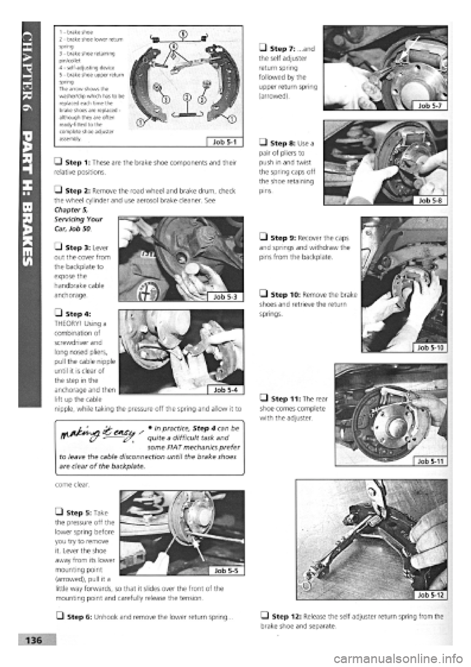 FIAT TEMPRA 1988  Service And Repair Manual 
/ » prac^f step *ca"be 
<y quite a difficult task and 
some FIAT mechanics prefer 
to leave the cable disconnection until the brake shoes 
are clear of the backplate. 
Q Step 1: These are the brak