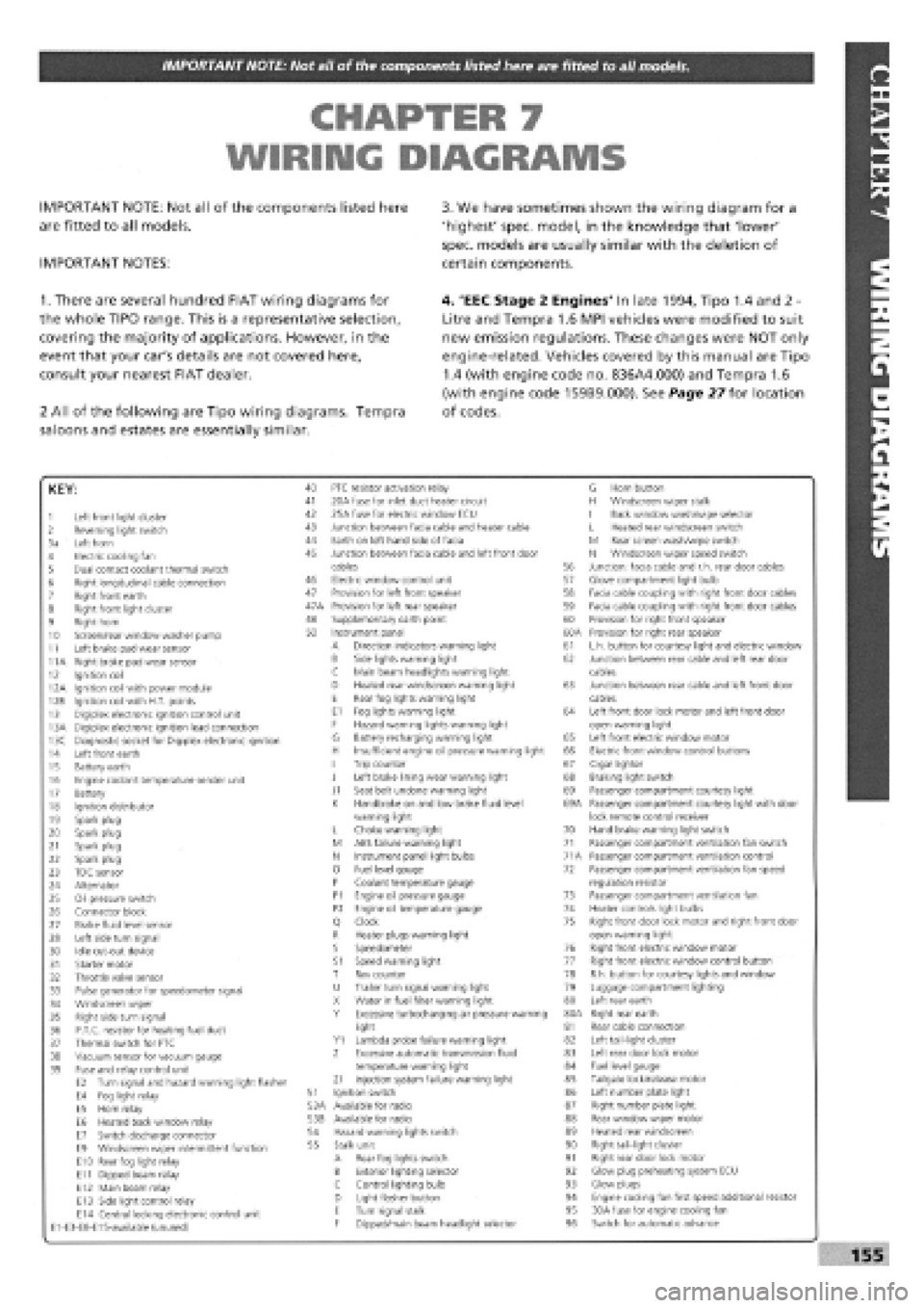 FIAT TEMPRA 1988 Service And Repair Manual
IMPORTANT NOTE: Not all of the components listed here are fitted to all models.
CHAPTER 7
WIRING DIAGRAMS
IMPORTANT NOTE: Not all of the components listed here
are fitted to all models.
IMPORTAN FIAT TEMPRA 1988 Service And Repair Manual
IMPORTANT NOTE: Not all of the components listed here are fitted to all models.
CHAPTER 7
WIRING DIAGRAMS
IMPORTANT NOTE: Not all of the components listed here
are fitted to all models.
IMPORTAN