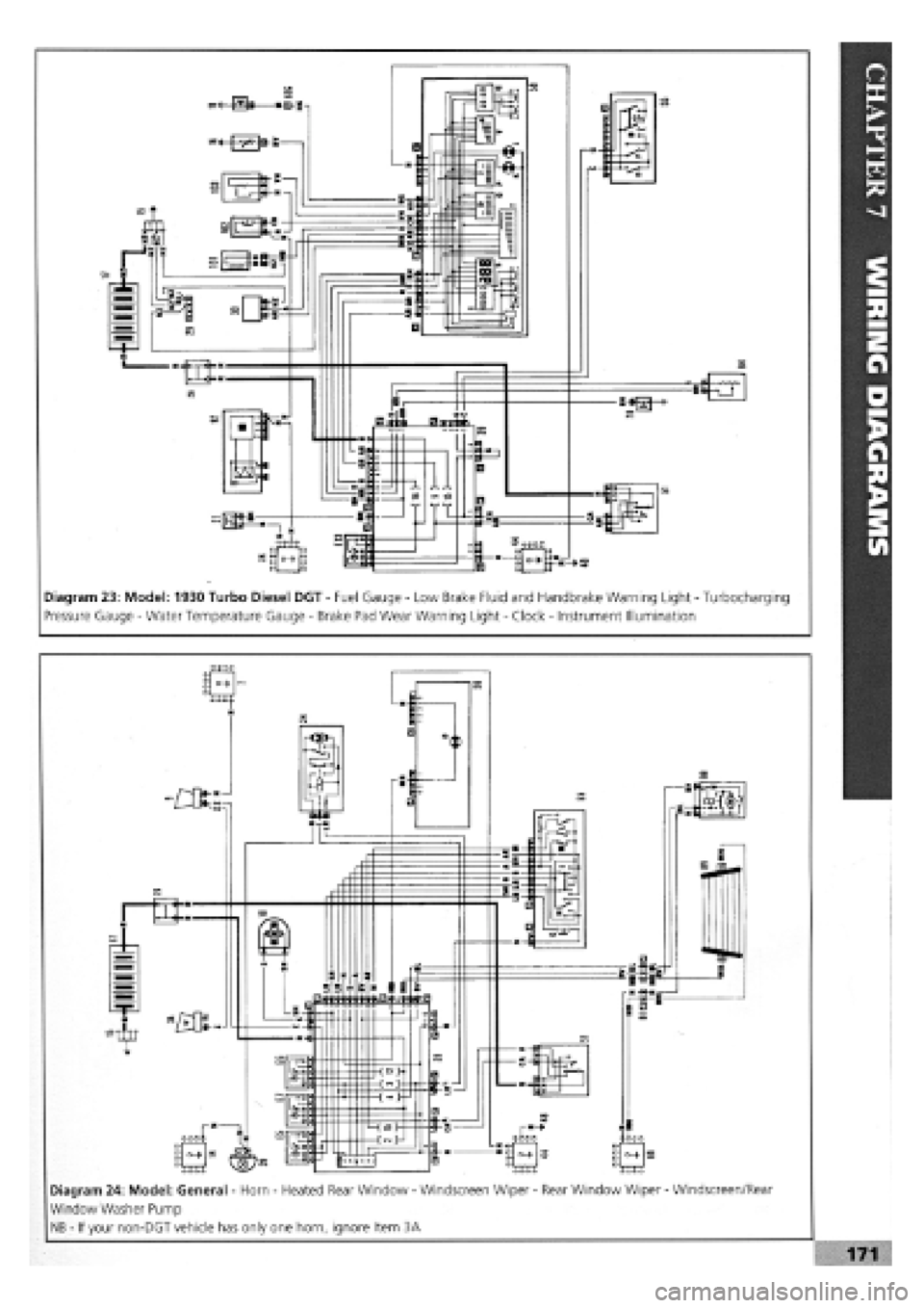 FIAT TEMPRA 1988 Service And Owners Guide
Diagram 23: Model: 1930 Turbo Diesel DGT
-
Fuel Gauge
-
Low Brake Fluid and Handbrake Warning Light
-
Turbocharging
Pressure Gauge
-
Water Temperature Gauge
-
Brake Pad Wear Warning Light
FIAT TEMPRA 1988 Service And Owners Guide
Diagram 23: Model: 1930 Turbo Diesel DGT
-
Fuel Gauge
-
Low Brake Fluid and Handbrake Warning Light
-
Turbocharging
Pressure Gauge
-
Water Temperature Gauge
-
Brake Pad Wear Warning Light