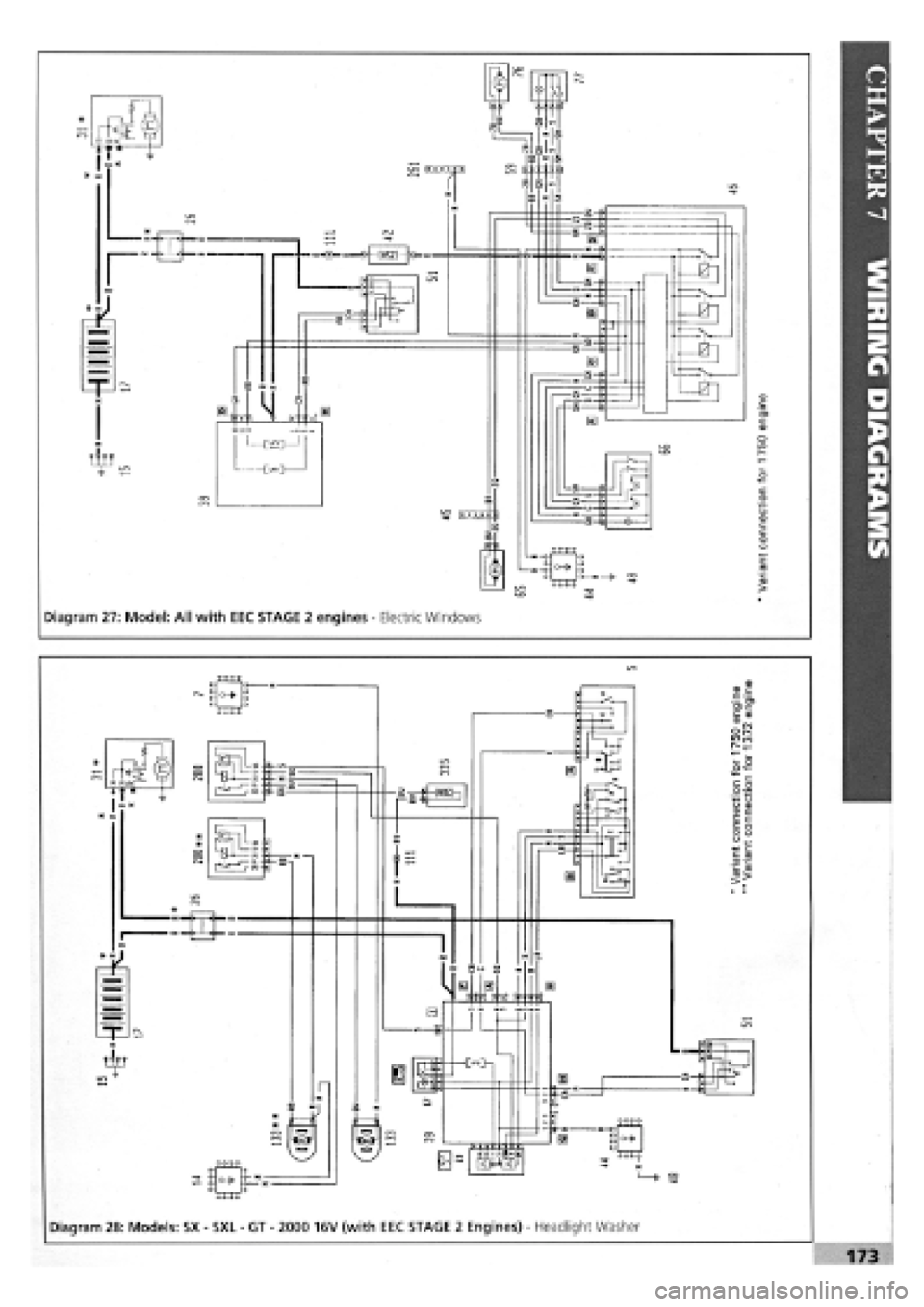 FIAT TEMPRA 1988  Service And Repair Manual 
JT 
[•a-—a 
H 
•—— 
I rx 
ll> 
[o 
& 
H ::r 
=m= 
a 
— 
TTTT 
cHf 
vwww = —(!• 
Diagram 27: Model: All with EEC STAGE 2 engines
 -
 Electric Windows 
£ 
tij! IT 
TTTT 
o> 
_r«-«J 
