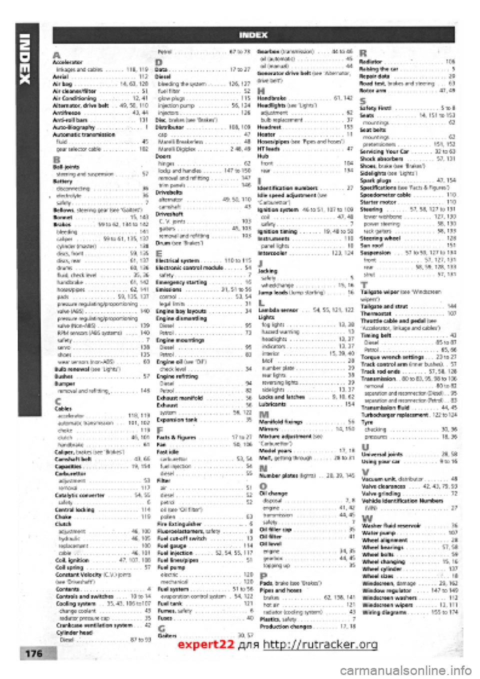 FIAT TEMPRA 1988  Service And Repair Manual 
A Accelerator linkages and cables 118,119 Aerial 112 Airbag 14, 63, 128 Air cleaner/filter 51 Air Conditioning 12,41 Alternator, drive belt . . 49, 50, 110 Antifreeze 43, 44 Anti-roll bars 131 Auto-B