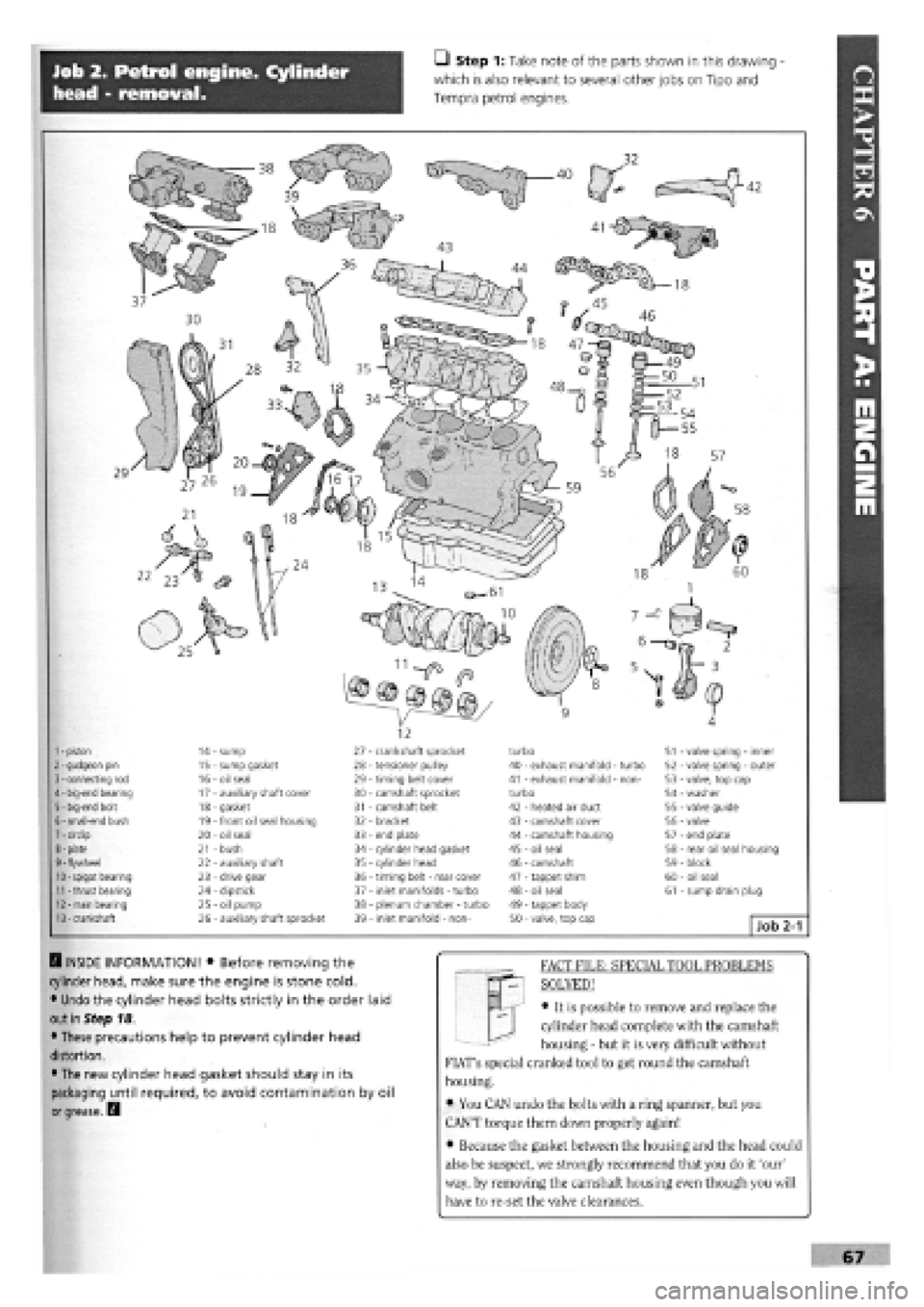 FIAT TEMPRA 1988 Service And Repair Manual
Job 2. Petrol engine. Cylinder
head • removal.
• Step 1: Take note of the parts shown in this drawing -
which is also relevant to several other jobs on Tipo and
Tempra petrol engines.
7
-
c FIAT TEMPRA 1988 Service And Repair Manual
Job 2. Petrol engine. Cylinder
head • removal.
• Step 1: Take note of the parts shown in this drawing -
which is also relevant to several other jobs on Tipo and
Tempra petrol engines.
7
-
c