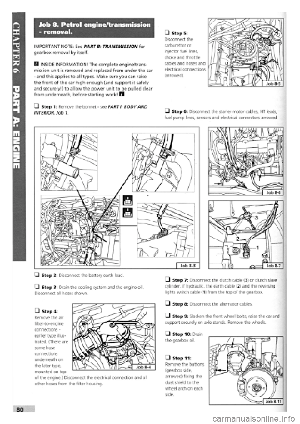 FIAT TEMPRA 1988  Service And Repair Manual 
Job 8. Petrol engine/transmission 
- removal. 
IMPORTANT NOTE: See PARTB: TRANSMISSION for 
gearbox removal by itself. 
H INSIDE INFORMATION! The complete engine/trans-
mission unit is removed and re