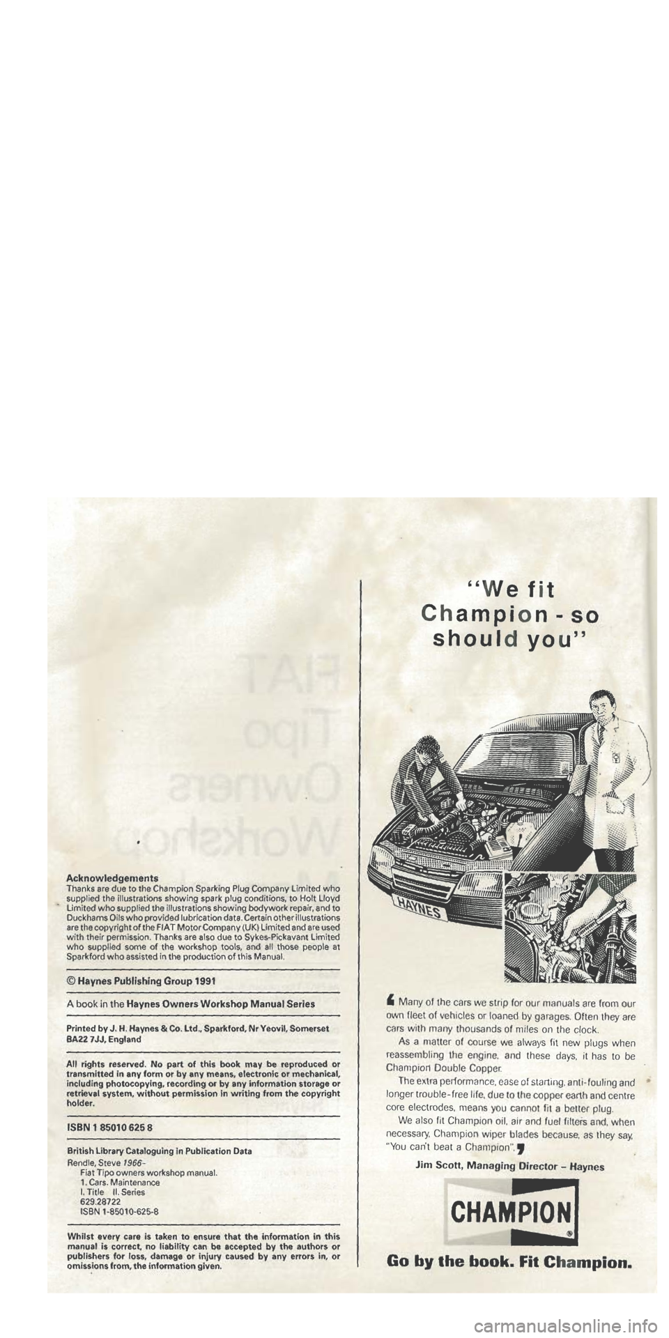 FIAT TIPO 1988 Workshop Manual FIAT TIPO 1988 Workshop Manual