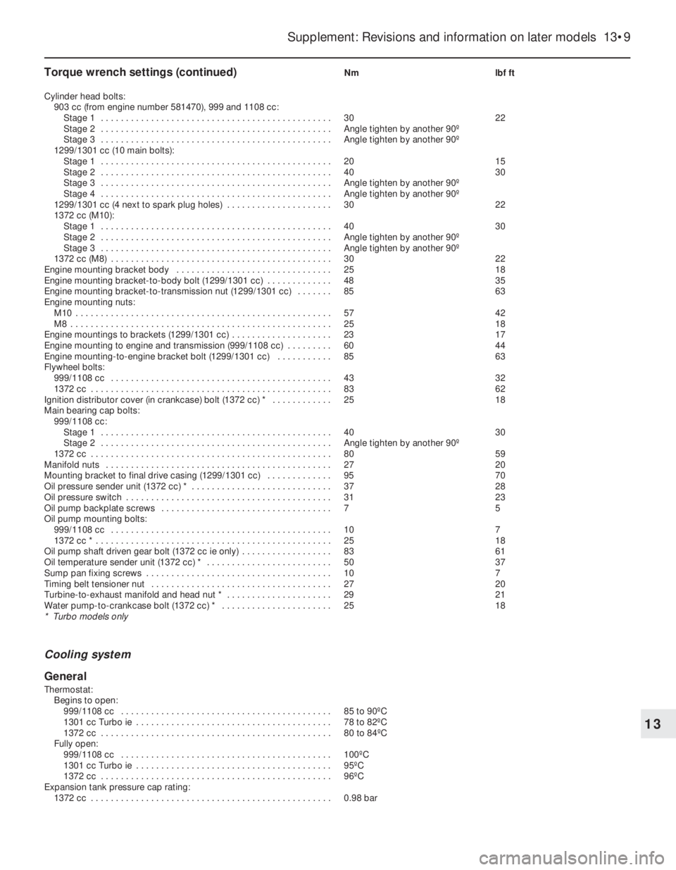 FIAT UNO 1983  Service Owners Manual Torque wrench settings (continued)Nm lbf ft
Cylinder head bolts:
903 cc (from engine number 581470), 999 and 1108 cc:
Stage 1  . . . . . . . . . . . . . . . . . . . . . . . . . . . . . . . . . . . . .