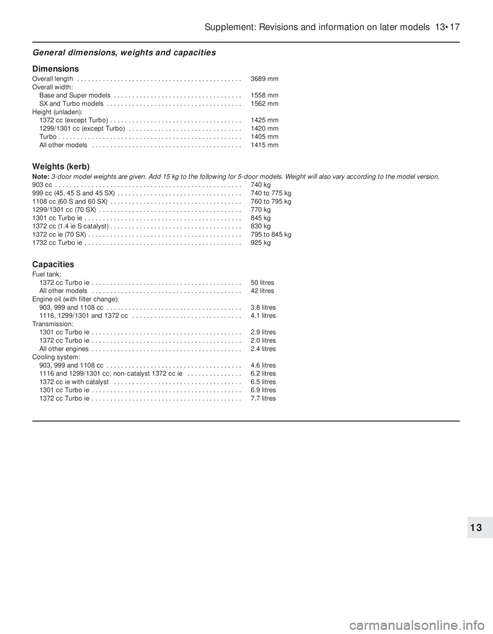 FIAT UNO 1983  Service Repair Manual General dimensions, weights and capacities
Dimensions
Overall length  . . . . . . . . . . . . . . . . . . . . . . . . . . . . . . . . . . . . . . . . . . . . . 3689 mm
Overall width:
Base and Super mo