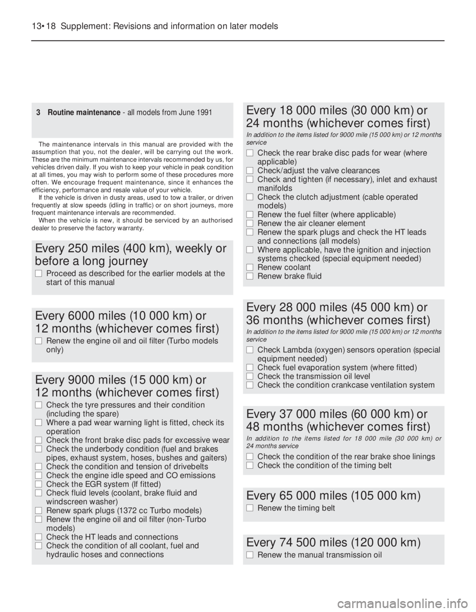 FIAT UNO 1983  Service Repair Manual 13•18 Supplement: Revisions and information on later models
Every 9000 miles (15 000 km) or 
12 months (whichever comes first) 
m mCheck the tyre pressures and their condition
(including the spare) 