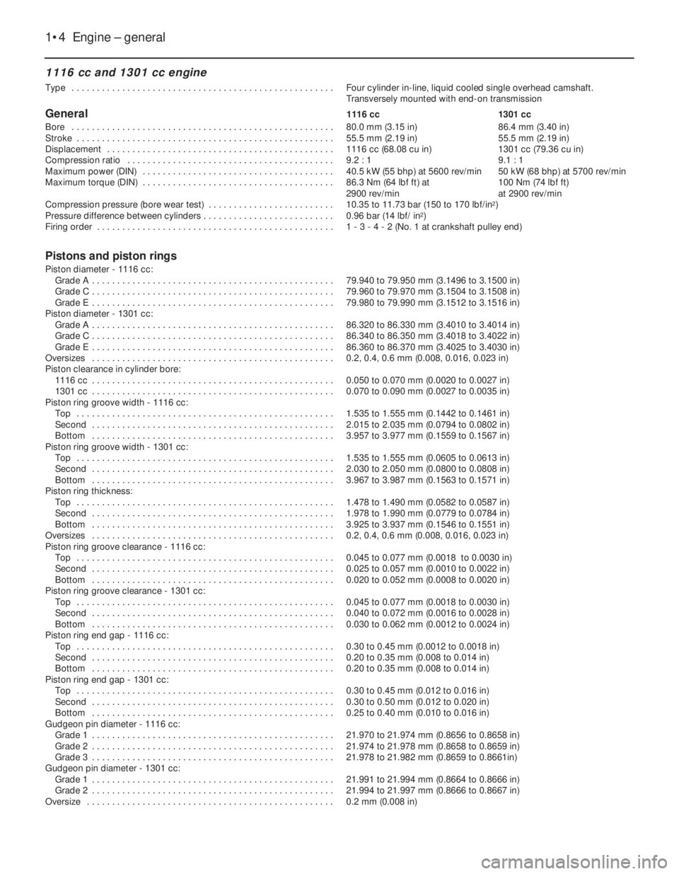 FIAT UNO 1983 Service User Guide 1116 cc and 1301 cc engine
Type . . . . . . . . . . . . . . . . . . . . . . . . . . . . . . . . . . . . . . . . . . . . . . . . . . . . Four cylinder in-line, liquid cooled single overhead camshaft.
FIAT UNO 1983 Service User Guide 1116 cc and 1301 cc engine
Type . . . . . . . . . . . . . . . . . . . . . . . . . . . . . . . . . . . . . . . . . . . . . . . . . . . . Four cylinder in-line, liquid cooled single overhead camshaft.