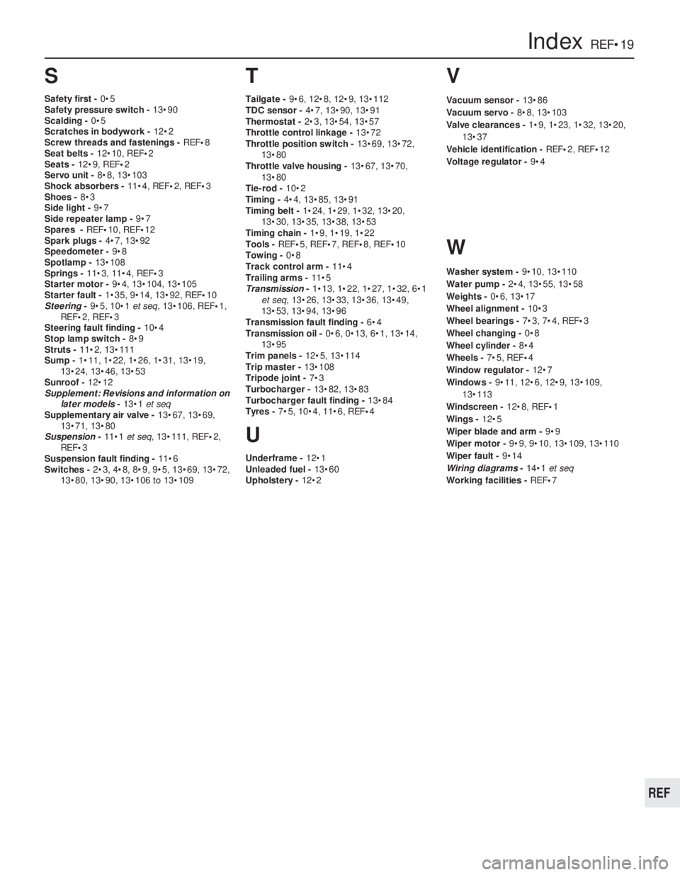 FIAT UNO 1983 Service Repair Manual S
Safety first -0•5
Safety pressure switch - 13•90
Scalding -0•5
Scratches in bodywork - 12•2
Screw threads and fastenings - REF•8
Seat belts - 12•10, REF•2
Seats - 12•9, REF•2
Servo FIAT UNO 1983 Service Repair Manual S
Safety first -0•5
Safety pressure switch - 13•90
Scalding -0•5
Scratches in bodywork - 12•2
Screw threads and fastenings - REF•8
Seat belts - 12•10, REF•2
Seats - 12•9, REF•2
Servo