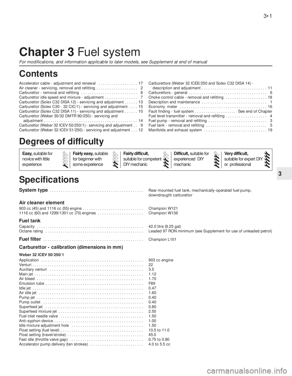 FIAT UNO 1983  Service Repair Manual 3
System type . . . . . . . . . . . . . . . . . . . . . . . . . . . . . . . . . . . . . . . . . . . Rear mounted fuel tank, mechanically-operated fuel pump,
downdraught carburettor
Air cleaner element