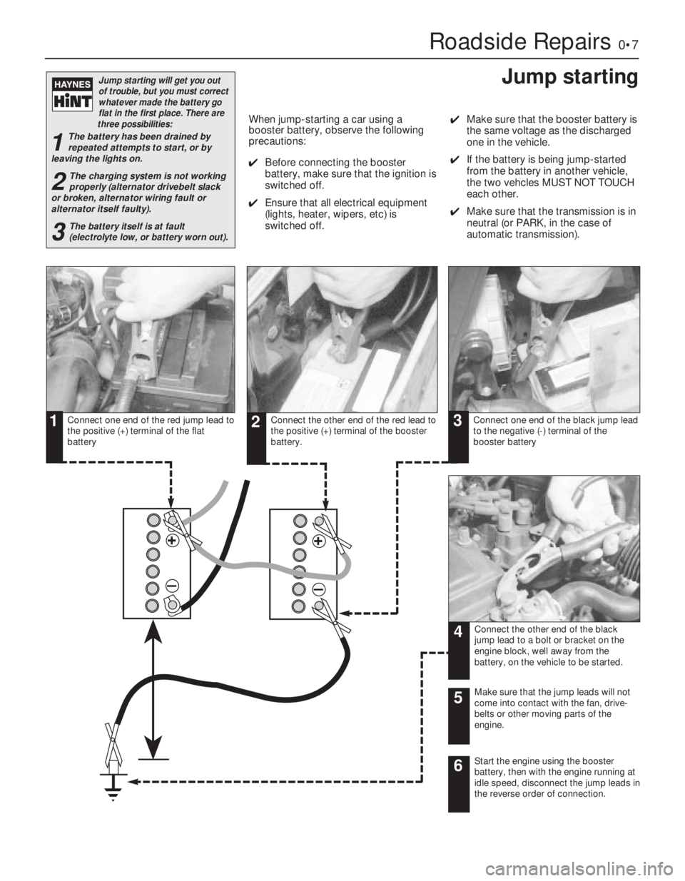 FIAT UNO 1983 Service Repair Manual Roadside Repairs0•7
Connect one end of the red jump lead to
the positive (+) terminal of the flat
batteryConnect the other end of the red lead to
the positive (+) terminal of the booster
battery.Con FIAT UNO 1983 Service Repair Manual Roadside Repairs0•7
Connect one end of the red jump lead to
the positive (+) terminal of the flat
batteryConnect the other end of the red lead to
the positive (+) terminal of the booster
battery.Con