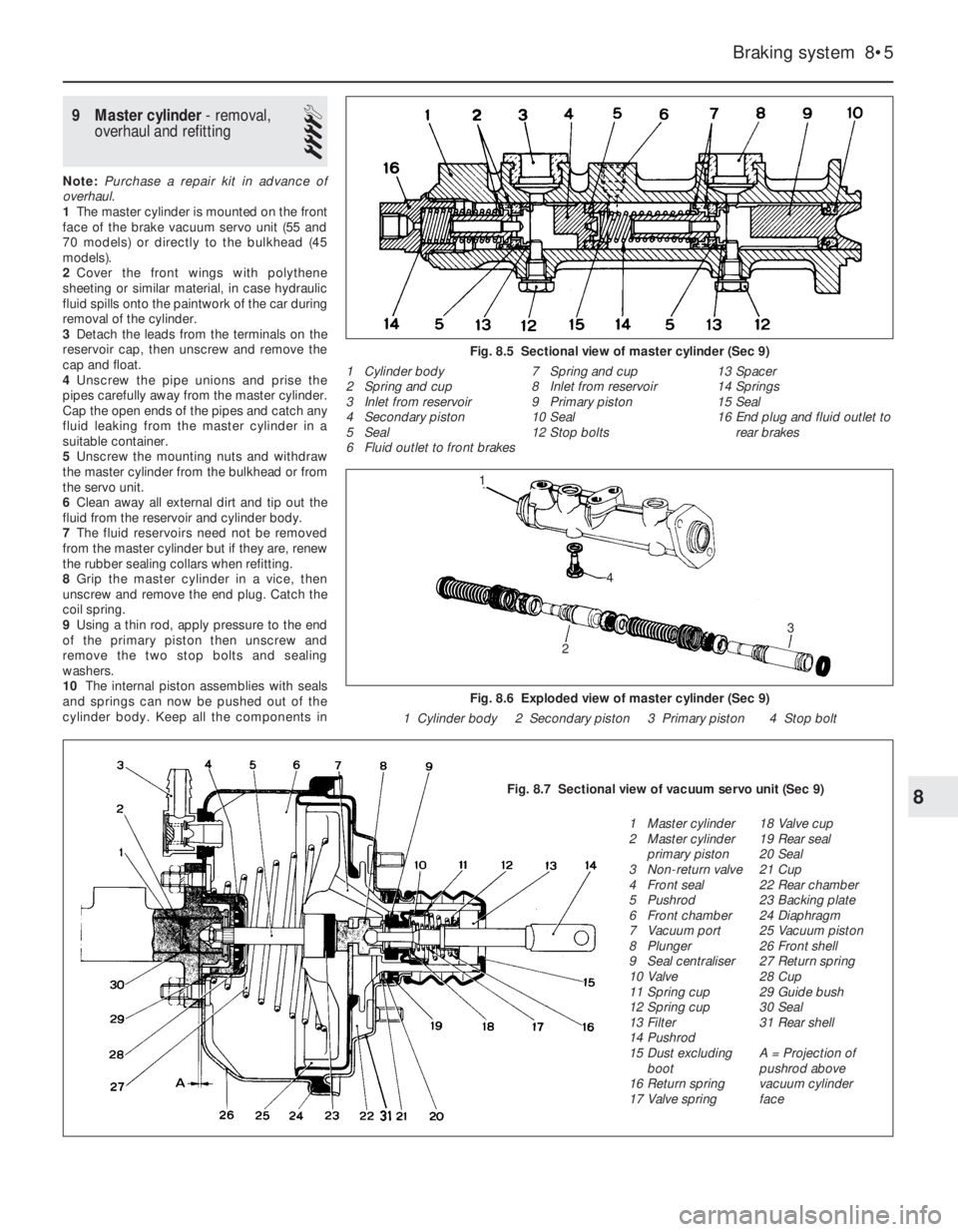 FIAT UNO 1983 Service Manual Online 9 Master cylinder- removal,
overhaul and refitting
4
Note: Purchase a repair kit in advance of
overhaul.
1The master cylinder is mounted on the front
face of the brake vacuum servo unit (55 and
70 mod FIAT UNO 1983 Service Manual Online 9 Master cylinder- removal,
overhaul and refitting
4
Note: Purchase a repair kit in advance of
overhaul.
1The master cylinder is mounted on the front
face of the brake vacuum servo unit (55 and
70 mod