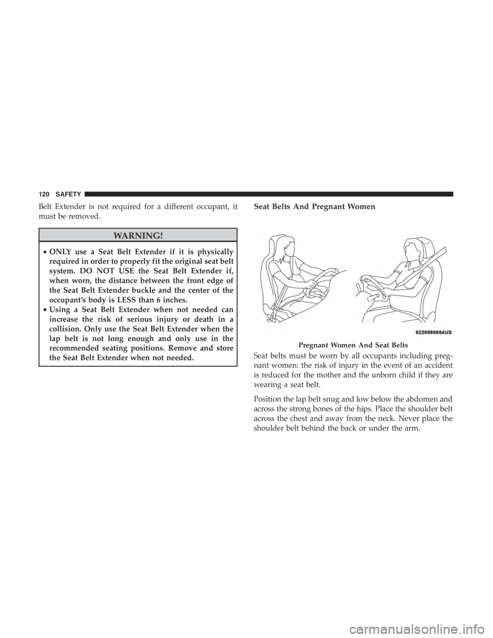 FIAT 500C 2019  Owners Manual Belt Extender is not required for a different occupant, it
must be removed.
WARNING!
•ONLY use a Seat Belt Extender if it is physically
required in order to properly fit the original seat belt
syste
