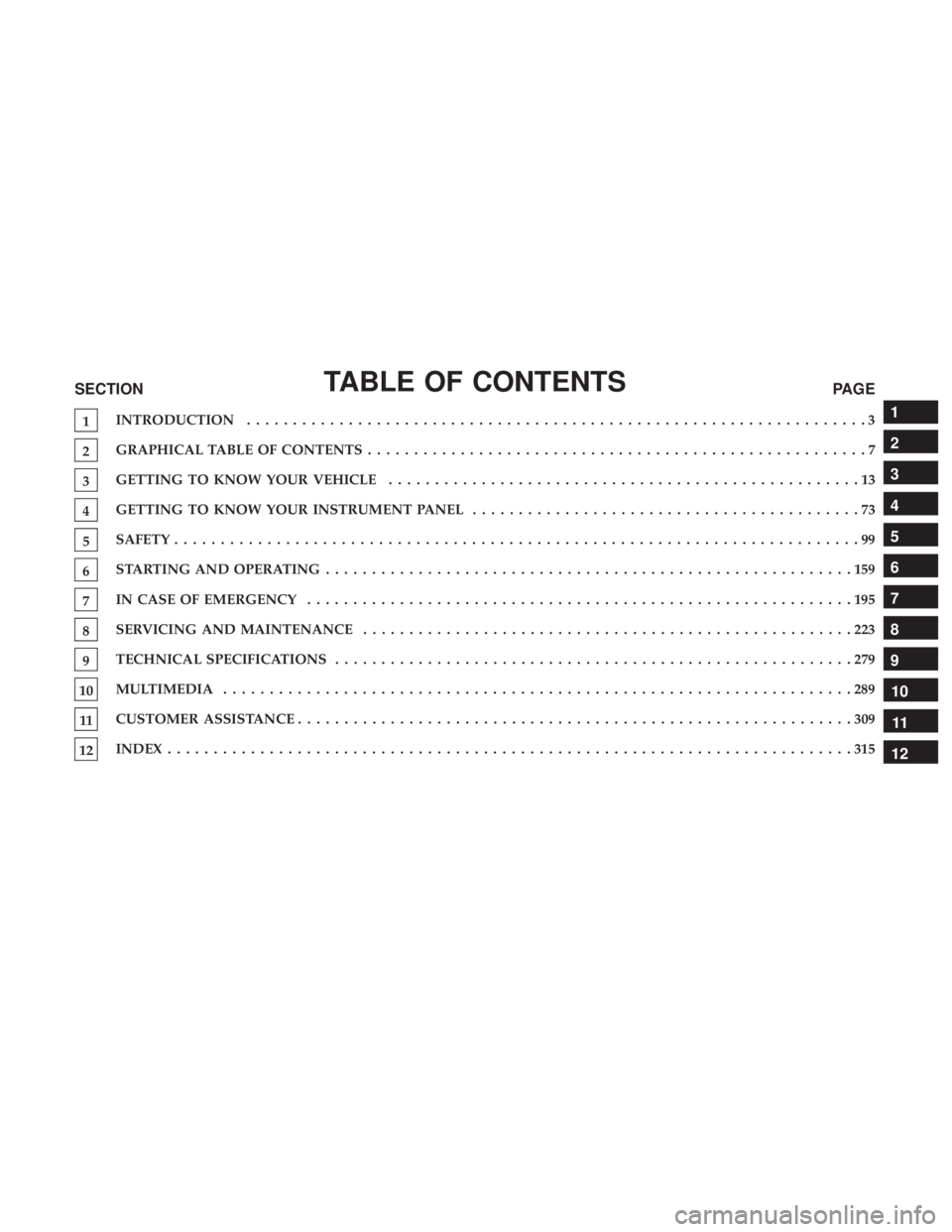 FIAT 500C 2019  Owners Manual TABLE OF CONTENTSSECTIONPAGE
1INTRODUCTION
...................................................................3
2GRAPHICAL TABLE OF CONTENTS
......................................................7
3GE