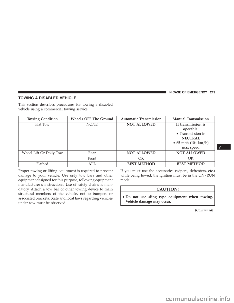 FIAT 500C 2019 Owners Manual TOWING A DISABLED VEHICLE
This section describes procedures for towing a disabled
vehicle using a commercial towing service.
Towing Condition Wheels OFF The Ground Automatic Transmission Manual Transm FIAT 500C 2019 Owners Manual TOWING A DISABLED VEHICLE
This section describes procedures for towing a disabled
vehicle using a commercial towing service.
Towing Condition Wheels OFF The Ground Automatic Transmission Manual Transm