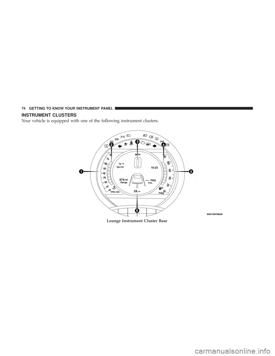 FIAT 500C 2019 Manual PDF INSTRUMENT CLUSTERS
Your vehicle is equipped with one of the following instrument clusters.
Lounge Instrument Cluster Base
74 GETTING TO KNOW YOUR INSTRUMENT PANEL 