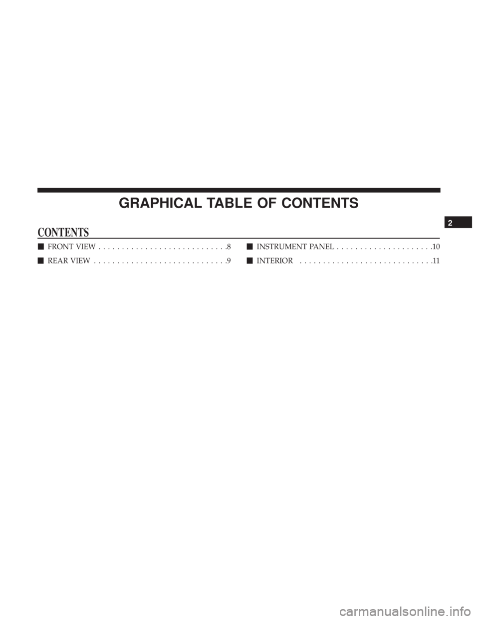 FIAT 500C 2019  Owners Manual GRAPHICAL TABLE OF CONTENTS
CONTENTS
FRONT VIEW ............................8
 REAR VIEW .............................9 
INSTRUMENT PANEL .....................10
 INTERIOR ........................