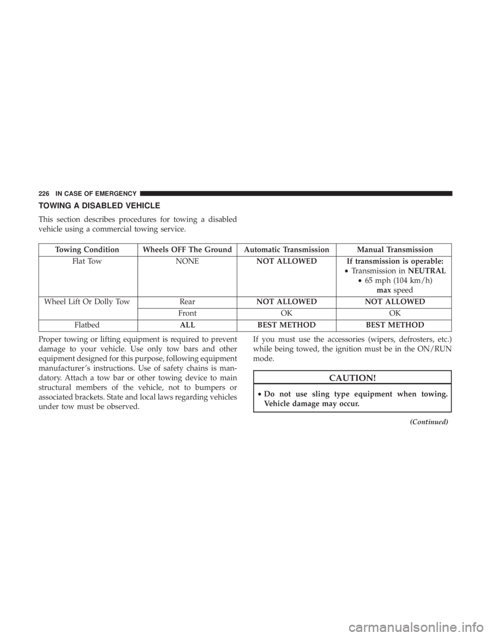 FIAT 500C 2018 Owners Manual TOWING A DISABLED VEHICLE
This section describes procedures for towing a disabled
vehicle using a commercial towing service.
Towing Condition Wheels OFF The Ground Automatic Transmission Manual Transm FIAT 500C 2018 Owners Manual TOWING A DISABLED VEHICLE
This section describes procedures for towing a disabled
vehicle using a commercial towing service.
Towing Condition Wheels OFF The Ground Automatic Transmission Manual Transm
