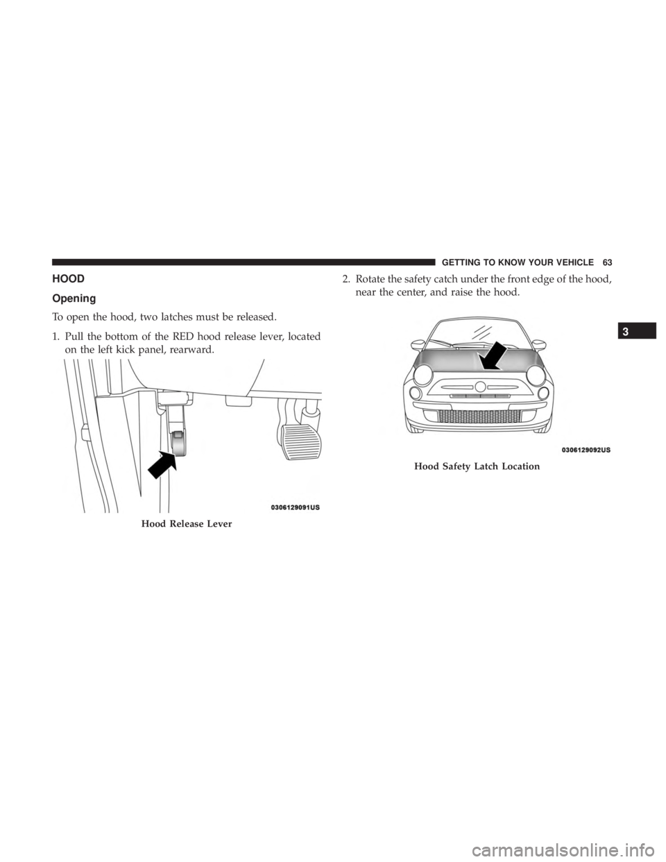 FIAT 500C 2018 Repair Manual HOOD
Opening
To open the hood, two latches must be released.
1. Pull the bottom of the RED hood release lever, located
on the left kick panel, rearward. 2. Rotate the safety catch under the front edge FIAT 500C 2018 Repair Manual HOOD
Opening
To open the hood, two latches must be released.
1. Pull the bottom of the RED hood release lever, located
on the left kick panel, rearward. 2. Rotate the safety catch under the front edge