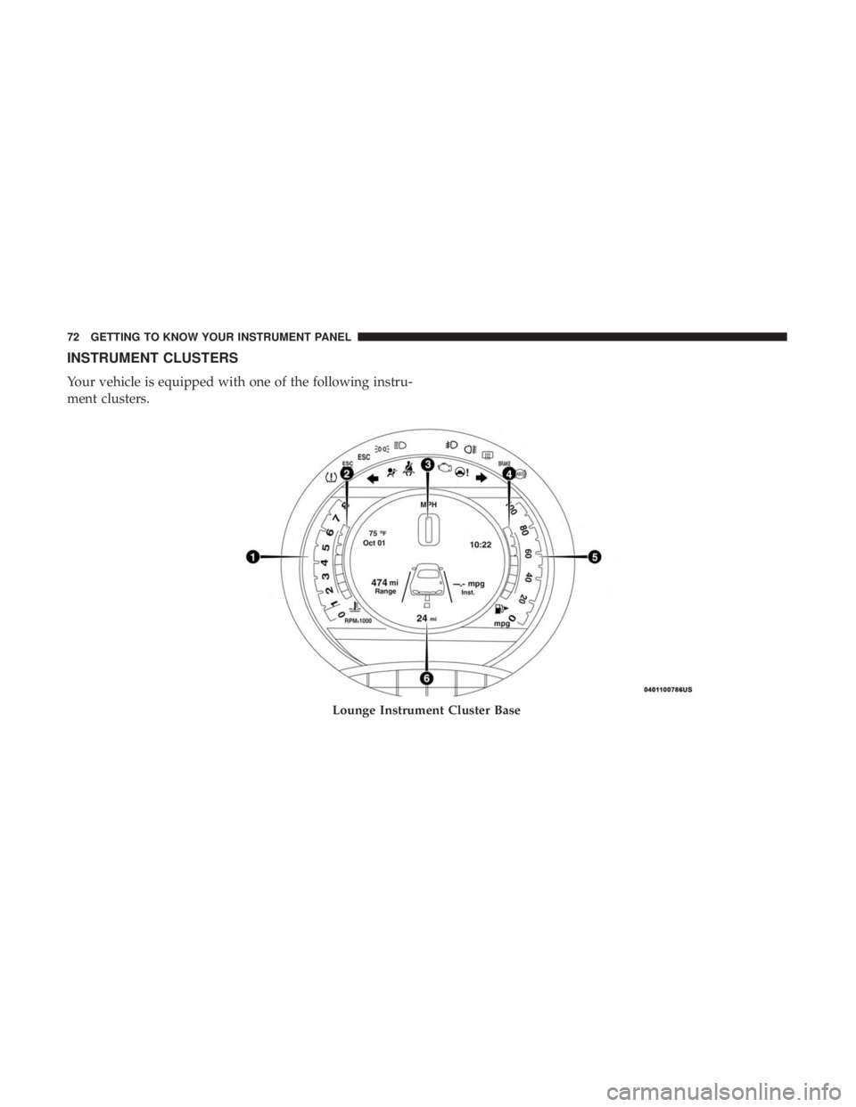 FIAT 500C 2018 Manual PDF INSTRUMENT CLUSTERS
Your vehicle is equipped with one of the following instru-
ment clusters.
Lounge Instrument Cluster Base72 GETTING TO KNOW YOUR INSTRUMENT PANEL 