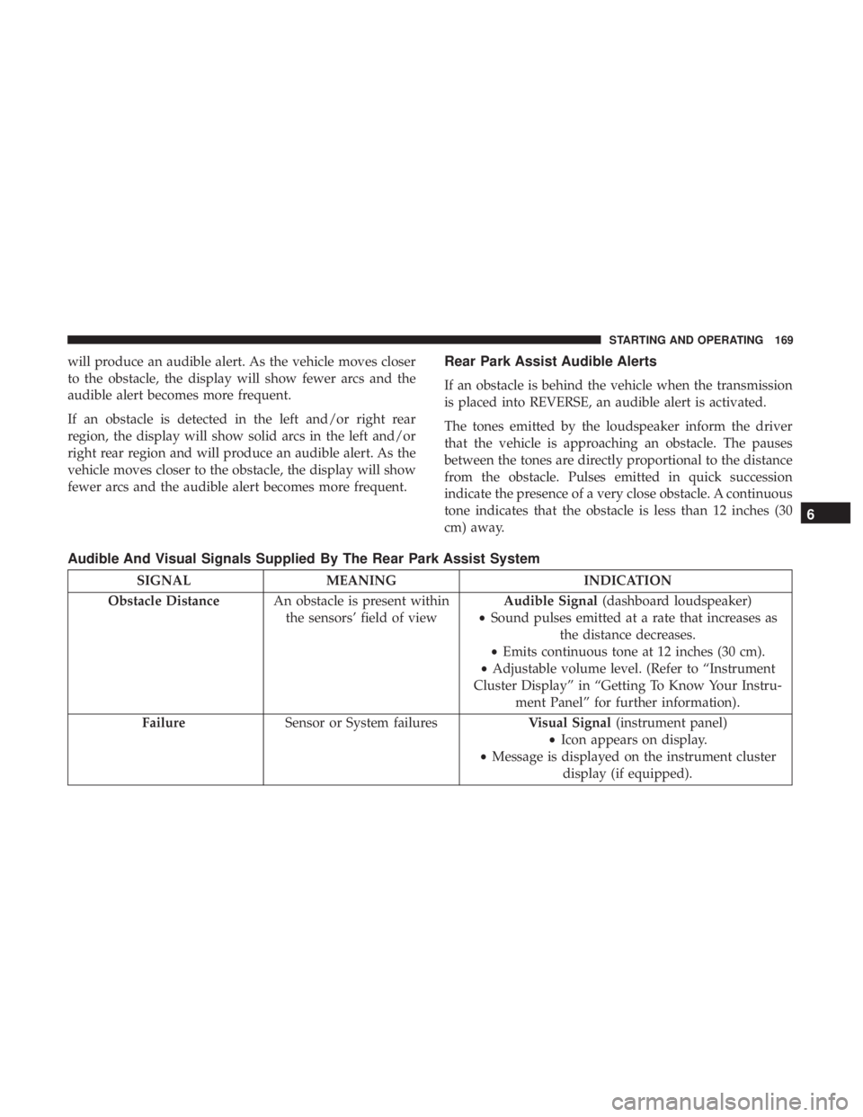 FIAT 500E 2019  Owners Manual will produce an audible alert. As the vehicle moves closer
to the obstacle, the display will show fewer arcs and the
audible alert becomes more frequent.
If an obstacle is detected in the left and/or 