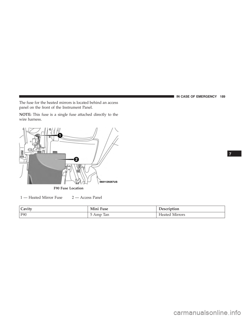FIAT 500E 2019  Owners Manual The fuse for the heated mirrors is located behind an access
panel on the front of the Instrument Panel.
NOTE:This fuse is a single fuse attached directly to the
wire harness.
1 — Heated Mirror Fuse 
