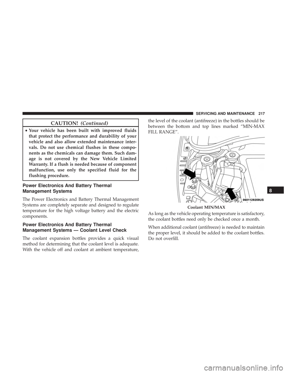 FIAT 500E 2019  Owners Manual CAUTION!(Continued)
•Your vehicle has been built with improved fluids
that protect the performance and durability of your
vehicle and also allow extended maintenance inter-
vals. Do not use chemical