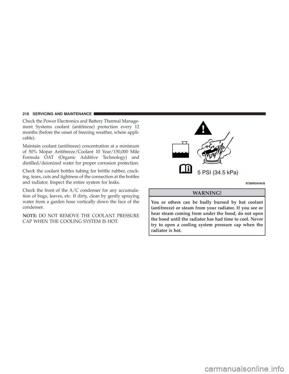 FIAT 500E 2019  Owners Manual Check the Power Electronics and Battery Thermal Manage-
ment Systems coolant (antifreeze) protection every 12
months (before the onset of freezing weather, where appli-
cable).
Maintain coolant (antif