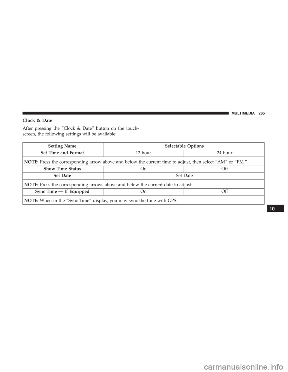 FIAT 500E 2019  Owners Manual Clock & Date
After pressing the “Clock & Date” button on the touch-
screen, the following settings will be available:
Setting NameSelectable Options
Set Time and Format 12 hour24 hour
NOTE: Press 