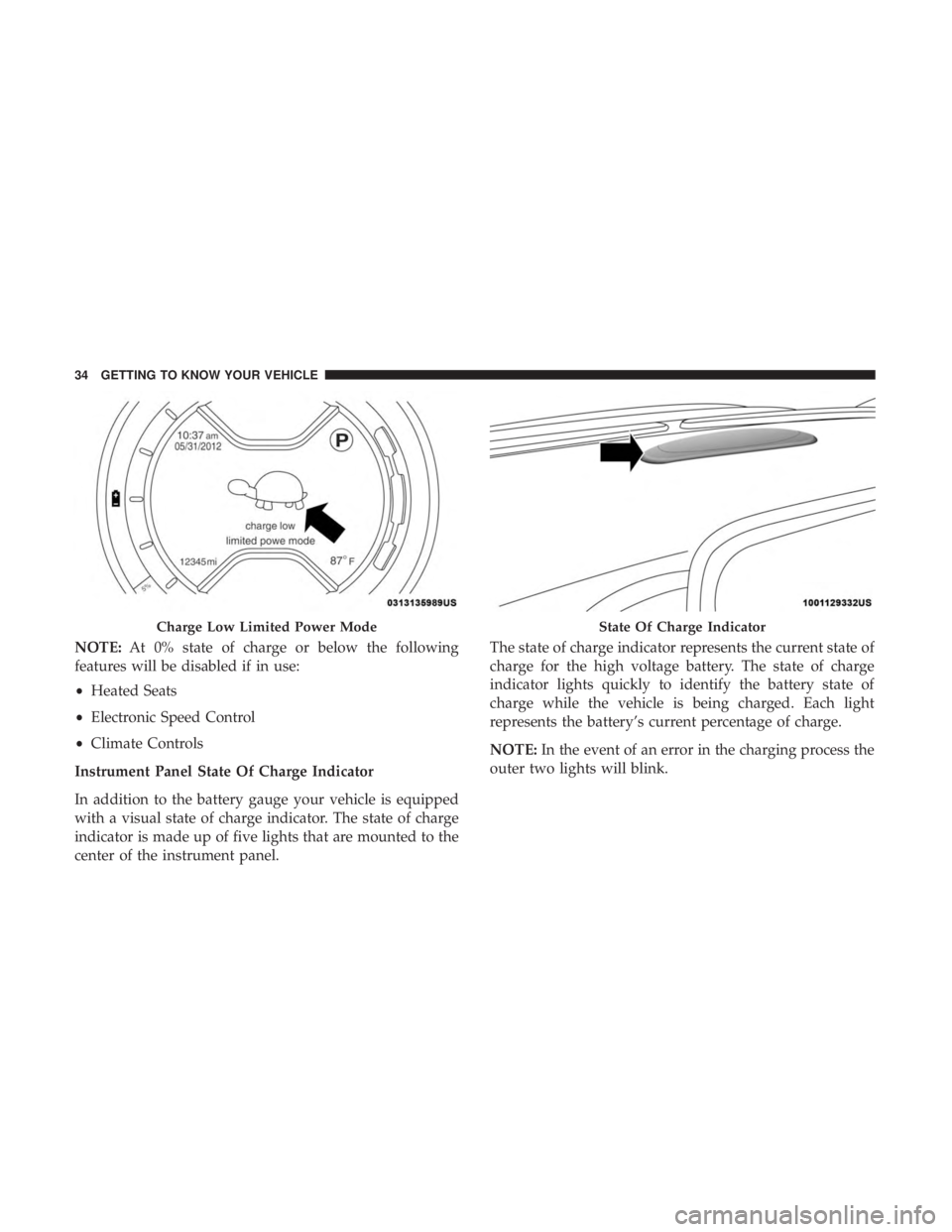 FIAT 500E 2019 Owners Guide NOTE:At 0% state of charge or below the following
features will be disabled if in use:
• Heated Seats
• Electronic Speed Control
• Climate Controls
Instrument Panel State Of Charge Indicator
In FIAT 500E 2019 Owners Guide NOTE:At 0% state of charge or below the following
features will be disabled if in use:
• Heated Seats
• Electronic Speed Control
• Climate Controls
Instrument Panel State Of Charge Indicator
In